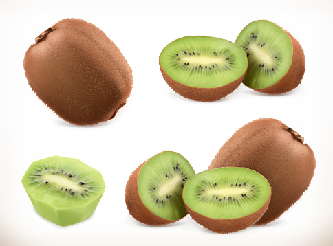 Kiwi fruit. Whole and pieces. Sweet fruit. 3d vector icons set. Realistic illustration
