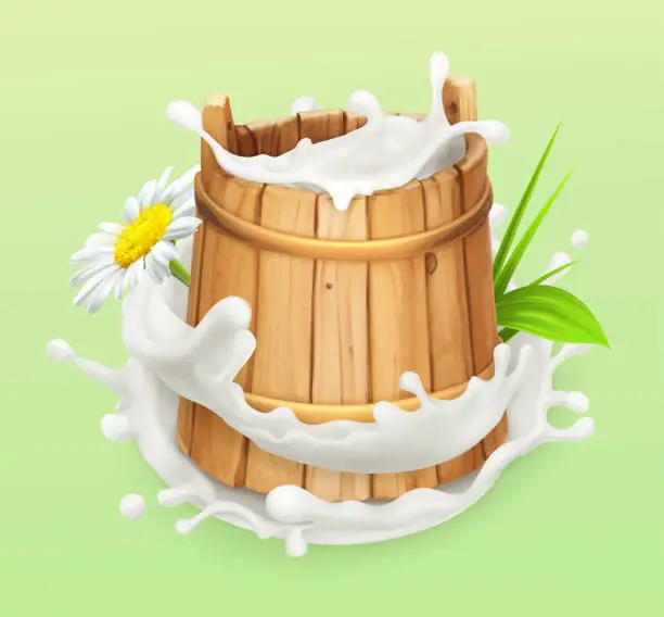 Vector illustration of Milk. Rustic style. Wooden bucket. Natural dairy products. 3d vector icon
