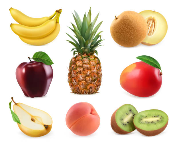 달콤한 과일입니다. 바나나, 파인애플, 사과, 멜론, 망고, 키 위, 복숭아, 배. 3 차원 벡터 아이콘 설정합니다. 현실적인 그림 - white background food nature macro stock illustrations
