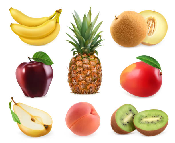 słodkie owoce. banan, ananas, jabłko, melon, mango, owoce kiwi, brzoskwinia, gruszka. ikony wektorowe 3d ustawione. realistyczne ilustracje - white background food nature macro stock illustrations