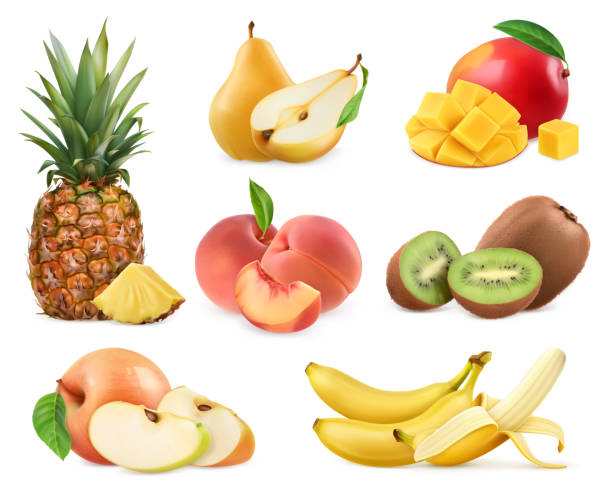 illustrations, cliparts, dessins animés et icônes de fruits sucrés. banane, ananas, pomme, mangue, kiwis, pêche, poire. entier et en morceaux. illustration réaliste. 3d jeu d’icônes vectorielles - pêche fruit