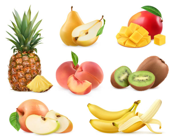 сладкие фрукты. банан, ананас, яблоко, манго, фрукты киви, персик, груша. целые и кусочки. реалистичная иллюстрация. набор значков 3d вектора - vector pear peach fruit stock illustrations
