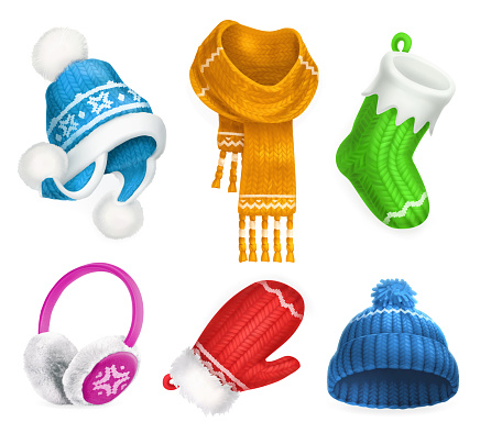 Winter clothes. Knitted hat. Christmas sock. Scarf. Mitten. Earmuffs. 3d vector icon set