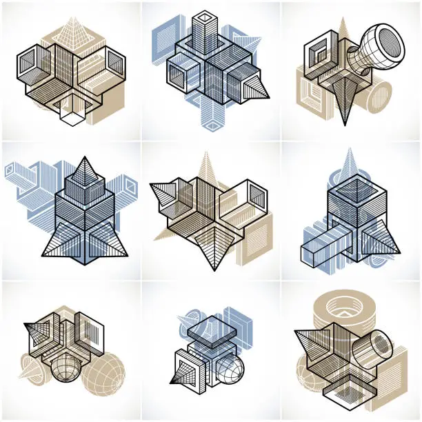 Vector illustration of Abstract construction isometric designs collection, vector set.