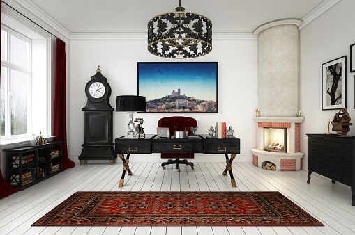 Digitally generated classical style home office interior with burning fireplace and high quality old-fashioned yet fashionable furniture.