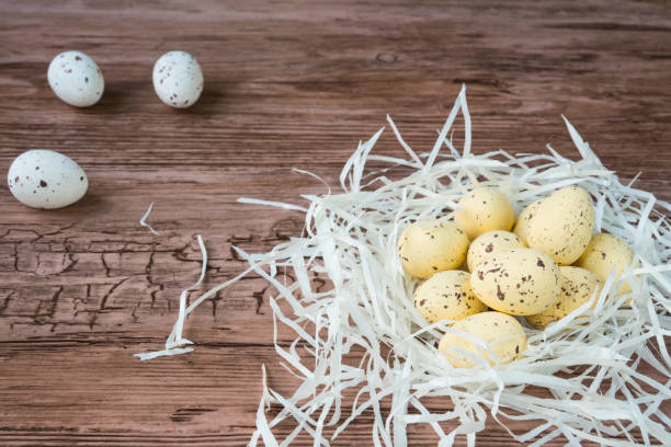 istock flat lay happy Easter with bird nest and eggs, against wooden background 917325866