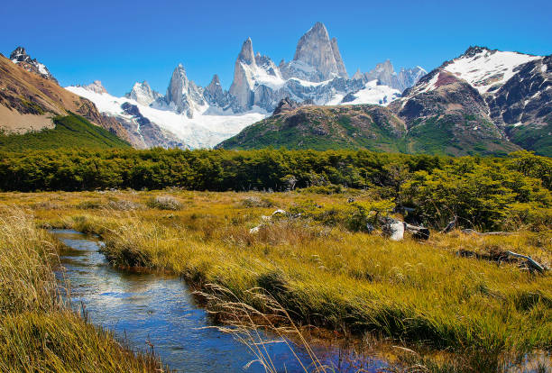 wunderschöne landschaft mit mt fitz roy im nationalpark los glaciares, patagonien, argentinien, südamerika - cerro torre stock-fotos und bilder