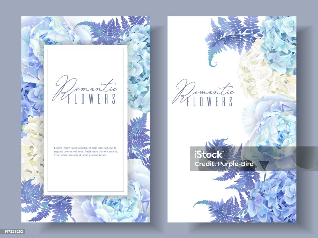 Floral blue banners Vector botanical banners with blue peony, hydrangea and fern. Floral design for natural cosmetics, perfume, women products. Best for greeting card, wedding invitation. Can be used as winter background Flower stock vector