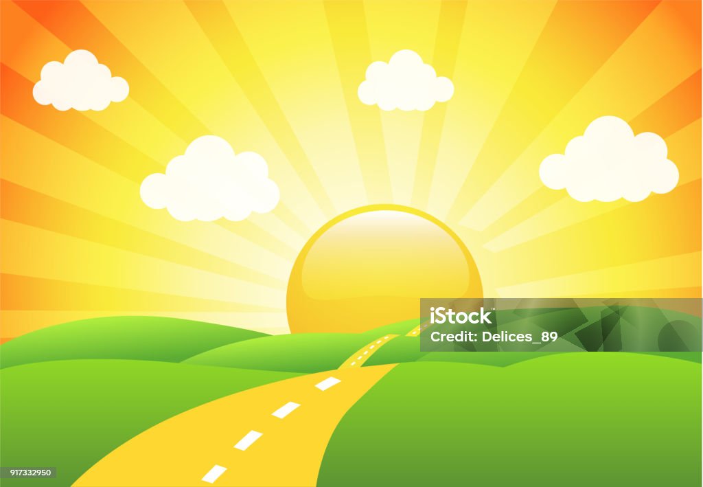 Vector Illustration Of Field Tree And Sunrise Sky Stock Illustration -  Download Image Now - Sunrise - Dawn, Sunlight, Sun - iStock