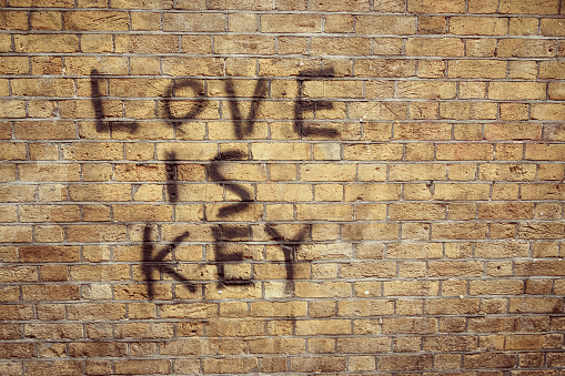 Masonry brick wall with love is key writing. Landscape format.