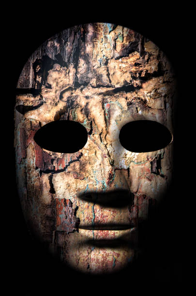Textured Mask With Cracked Rough Wood Painted Surface Neutral Expression On Stock Photo - Download Image Now - iStock