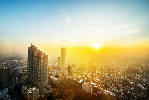 Asia Business concept for real estate and corporate construction - panoramic modern city skyline aerial view of Shinjuku area under sunset in Tokyo, Japan