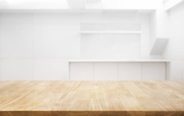 Wood table top on white room office background.For create product display or key visual layout