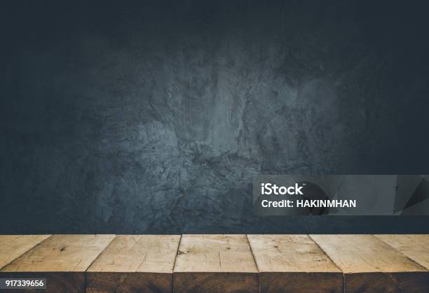 Empty Table Top With Cement Wall Background Stock Photo - Download Image Now - Table, Wood - Material, Backgrounds