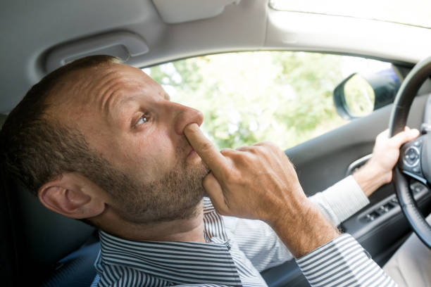 la nariz recogiendo durante la conducción, conceptos de transporte divertido - picking nose fotografías e imágenes de stock