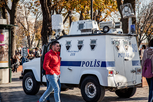 Istanbul, Turkey - November 25, 2017: Cops provide security in Sultanahmet district.