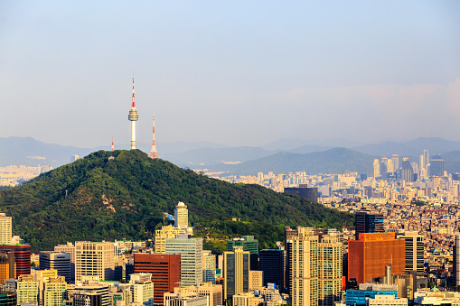 Beautiful view of Namsan tower from the Asan Mountain, Seoul, South Korea.
