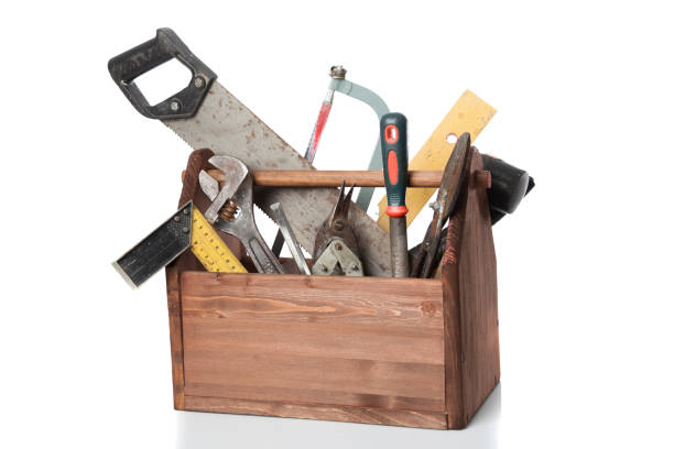 istock Old Carpenter Wooden toolbox with tools isolated on white 917353534