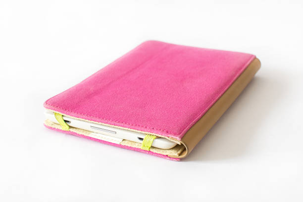istock Close Up of an E-book reader in pink case on white background 917359126