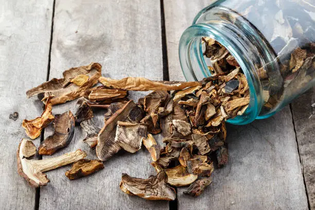 Dried mushrooms in a jar, sliced dried boletus on a wooden background