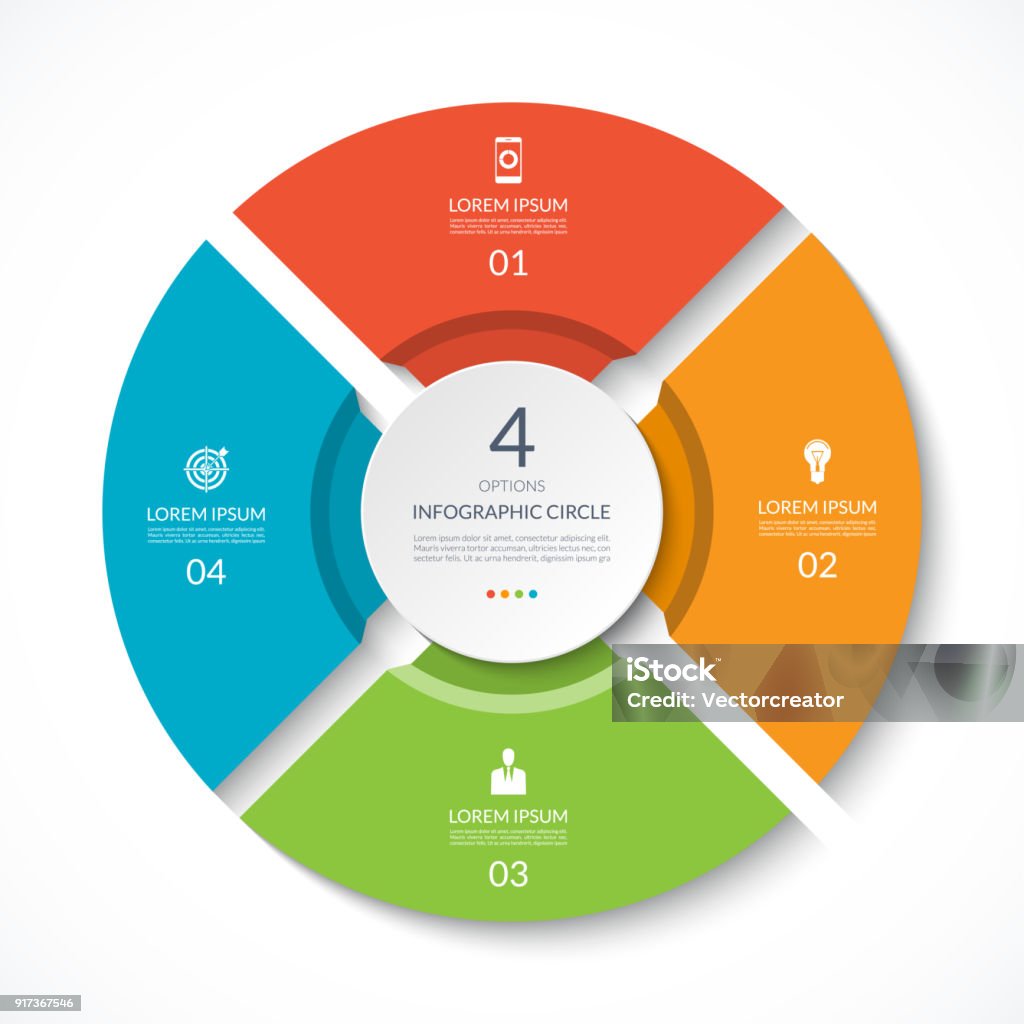 Círculo de la infografía. Tabla de proceso. Diagrama del vector con 4 opciones. Puede utilizarse para la presentación, informe, gráfico, paso las opciones, diseño web. - arte vectorial de Cuatro objetos libre de derechos