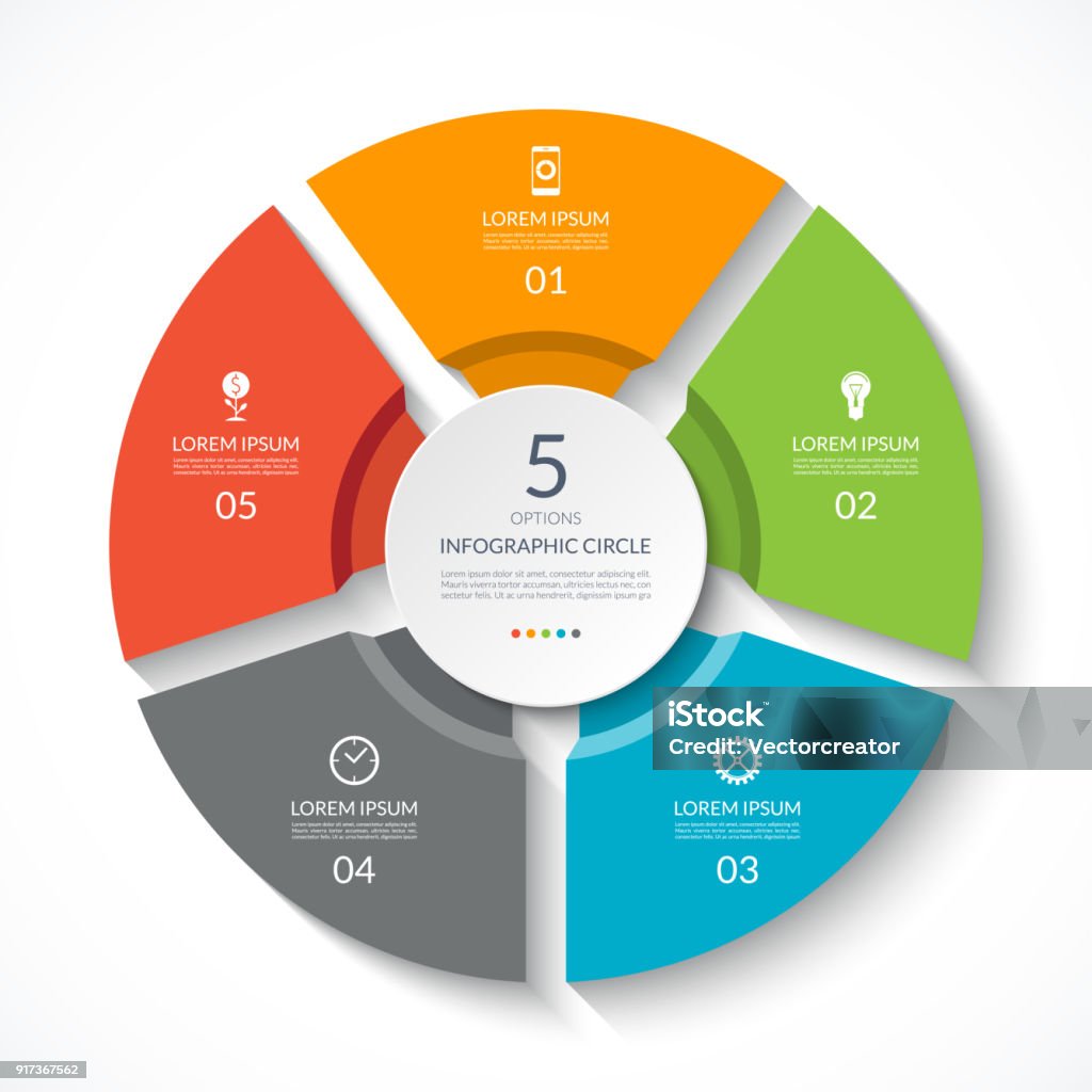 Cercle de l’infographie. Diagramme de processus. Diagramme vectoriel avec 5 options. Peut être utilisé pour le graphique, présentation, rapport, options de l’étape, design web. - clipart vectoriel de Cinq objets libre de droits