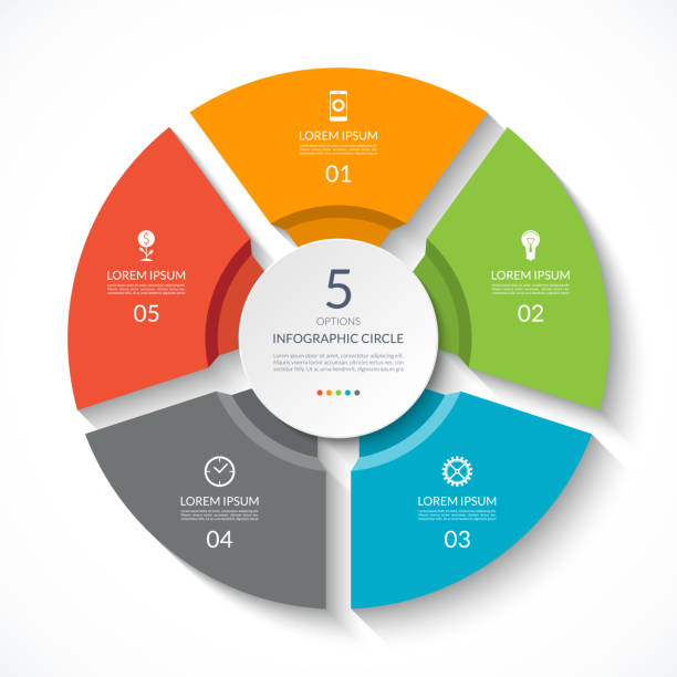 ilustrações de stock, clip art, desenhos animados e ícones de infographic circle. process chart. vector diagram with 5 options. can be used for graph, presentation, report, step options, web design. - drawing diagram business cycle