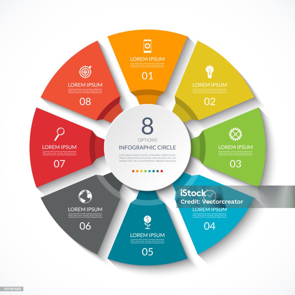 Infographic circle. Process chart. Vector diagram with 8 options. Can be used for graph, presentation, report, step options, web design. Number 8 stock vector Infographic circle. Process chart. Vector diagram with 8 options. Can be used for graph, presentation, report, step options, web design. Number 8 stock vector