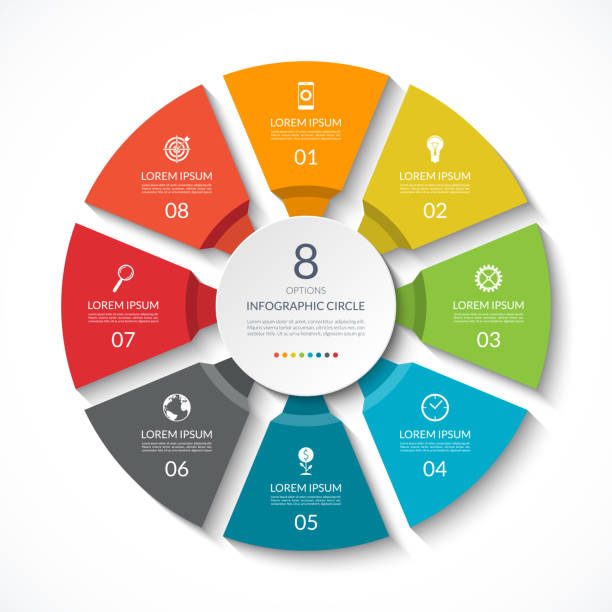 Infographic circle. Process chart. Vector diagram with 8 options. Can be used for graph, presentation, report, step options, web design. Infographic circle. Process chart. Vector diagram with 8 options. Can be used for graph, presentation, report, step options, web design. number 8 stock illustrations