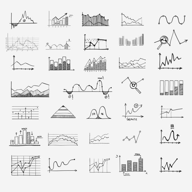 statystyki finansów przedsiębiorstw infografiki doodle ręcznie rysowane elementy. koncepcja - wykres, wykres, znaki strzałek, zysk z zarobków wyszukiwania - stock market graph chart arrow sign stock illustrations