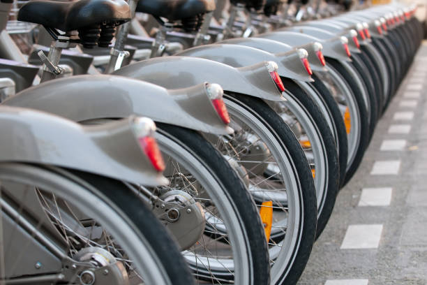 istock Rental bicycles parked on the street 91737786