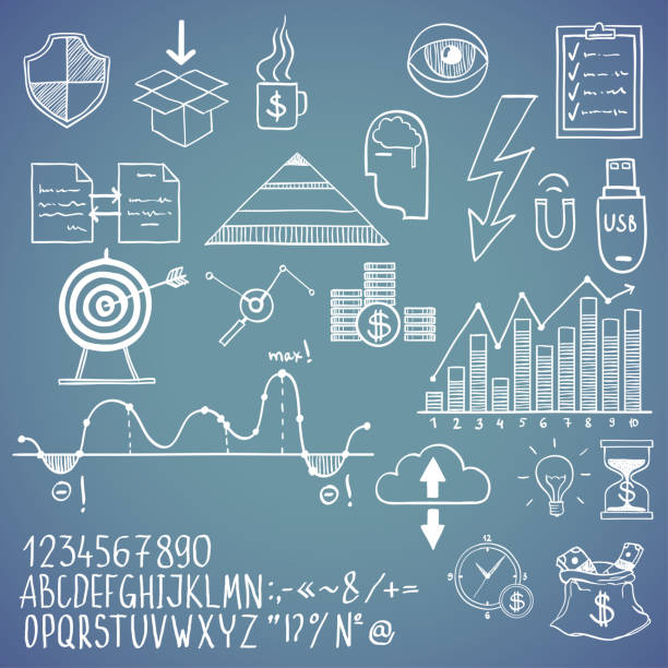 business finance doodle hand drawn elements with alphabet on blue background. Concept - analytics, work, marketing, strategy business finance doodle hand drawn elements with alphabet. Concept - analytics work marketing strategy. box plot graph stock illustrations