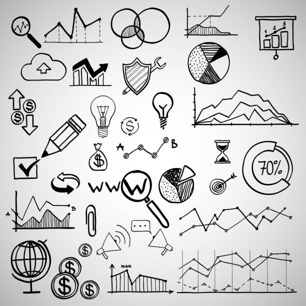 illustrazioni stock, clip art, cartoni animati e icone di tendenza di insieme di elementi di finanza aziendale disegnati a mano illustrazione vettoriale. concetto - banca, statistiche, economia, denaro - finance stock market data diagram calculator