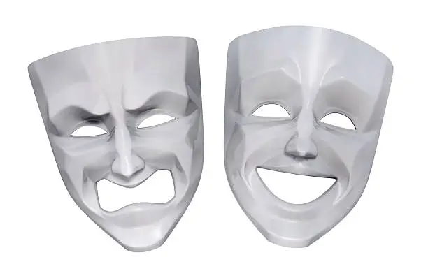 Comedy and tragedy rotesque masks. 3D rendered image. 