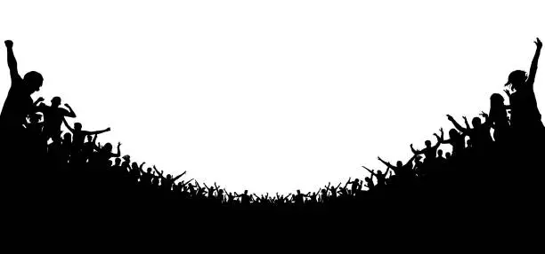 Vector illustration of Crowd of people applauded silhouette. Cheerful clapping party. Soccer background stadium. Sports fans. Fans at the concert. Applause audience