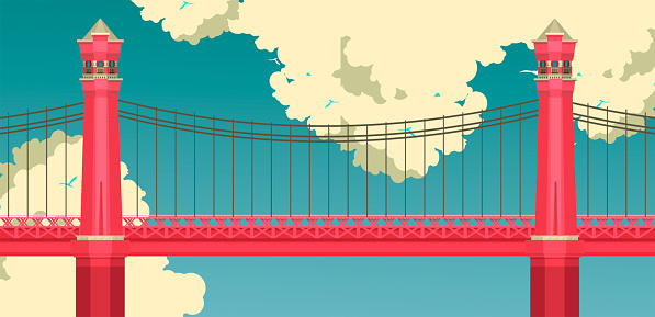 Vector illustration of a red bridge on a sky background with clouds, summer sunny day