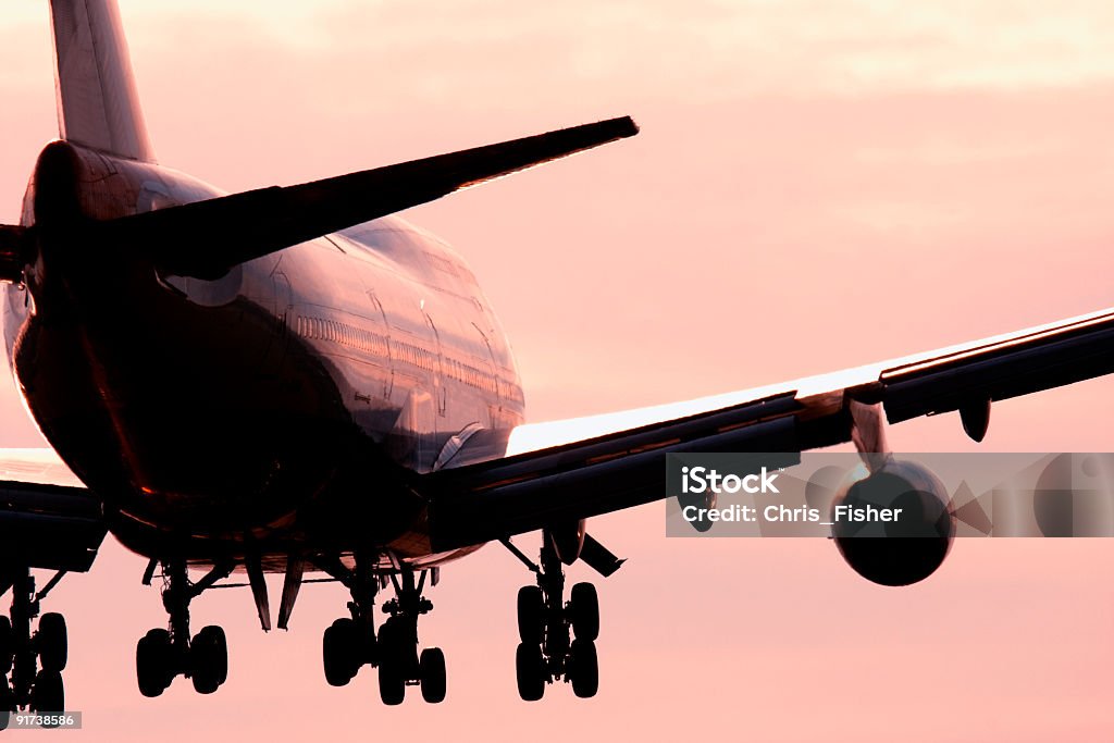 Large passenger airline in the pink sky  Large passenger airliner flying into the sunset. Reflection Stock Photo