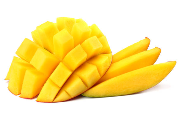 istock mango slice with green leaves isolated on white background 917390350