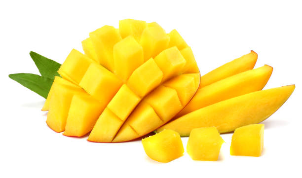 istock mango slice with green leaves isolated on white background 917390356