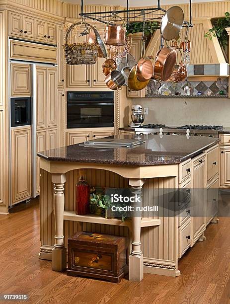 Kitchen Island Stock Photo - Download Image Now - Brass, Color Image, Cooking Pan