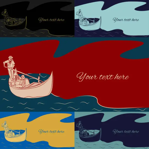 Vector illustration of Set of multicolored vector banners with a copy space on the topic couple in love in the gondola ride in Venice