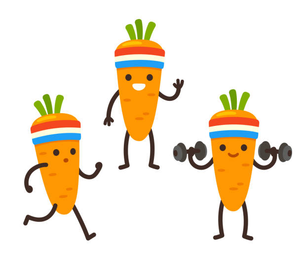 Funny cartoon carrot character Funny heath and fitness illustration set. Cartoon carrot with sweatband jogging and lifting dumbbells. Cute sporty character drawing. gym drawings stock illustrations