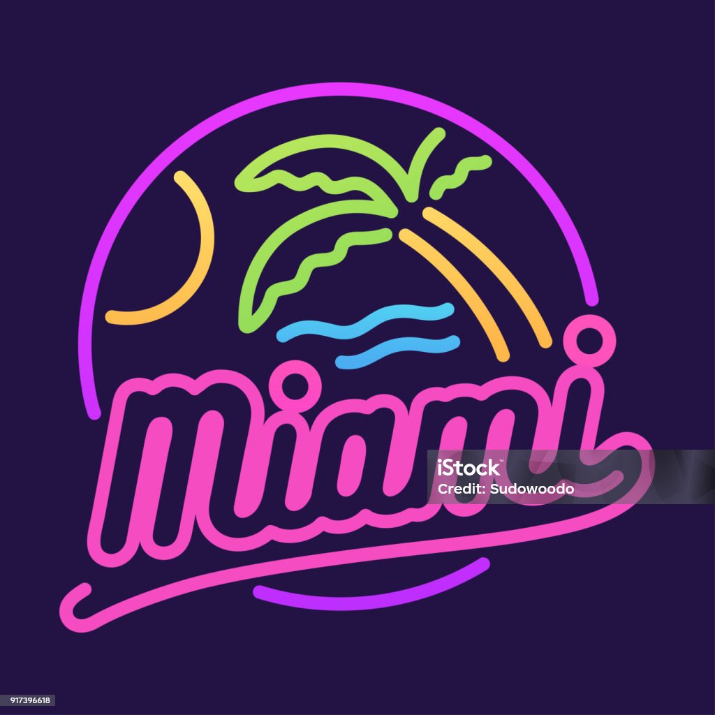 Miami neon sign Retro neon sign, Miami beach and palm tree. 80s style vector illustration. Miami stock vector