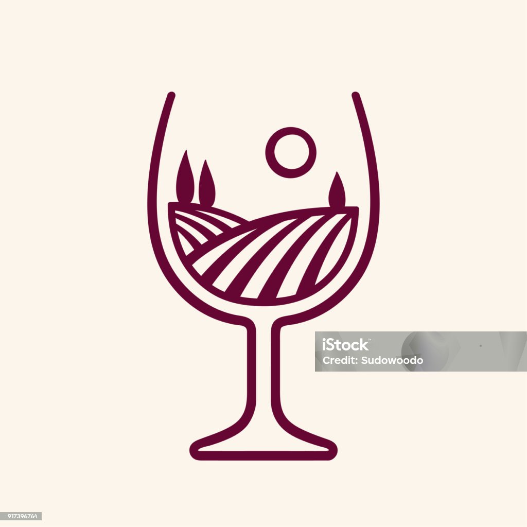 Vineyard landscape in wine glass Stylized vineyard landscape in wine glass shape, vector illustration. Modern monochrome winery emblem. Wine stock vector
