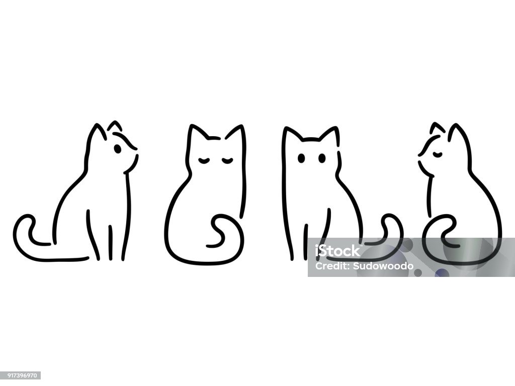 Minimal cat drawing Minimalist cats drawing set. Cat doodles in abstract hand drawn style, black and white line art vector illustration. Domestic Cat stock vector