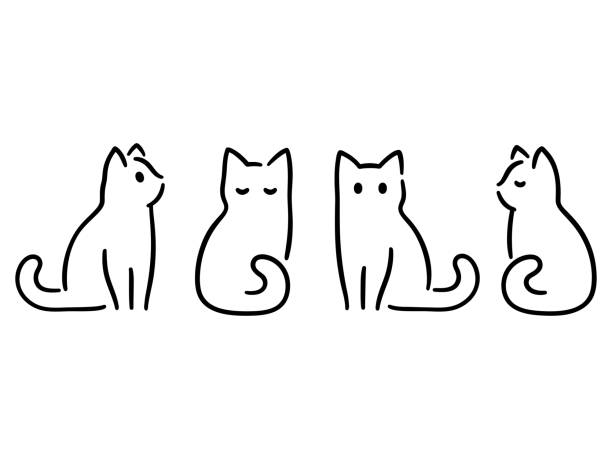 Minimal cat drawing Minimalist cats drawing set. Cat doodles in abstract hand drawn style, black and white line art vector illustration. simple cat line art stock illustrations