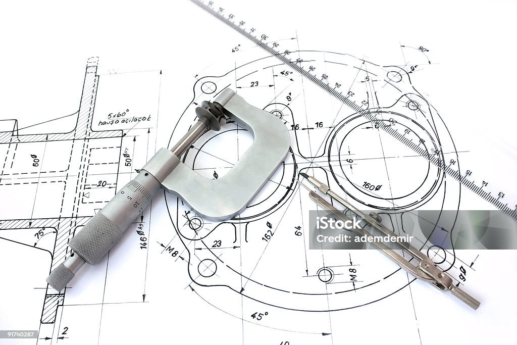 Микрометр, компас и линейка на технический чертеж - Стоковые фото Набросок роялти-фри