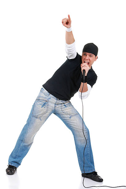 istock Hip hop male singer with microphone isolated on white background 91740571