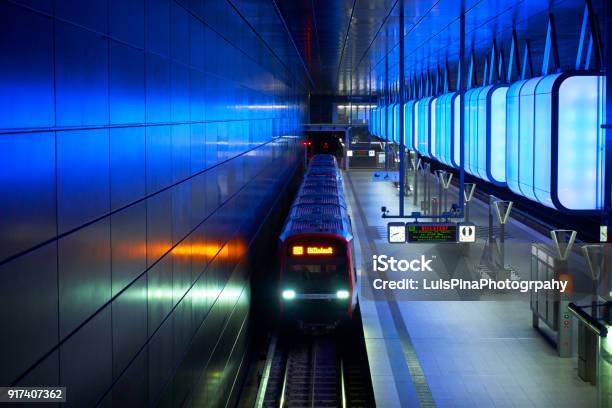 Train At The Subway Station With Blue Lights At University On The Speicherstadt Area In Hamburg Stock Photo - Download Image Now