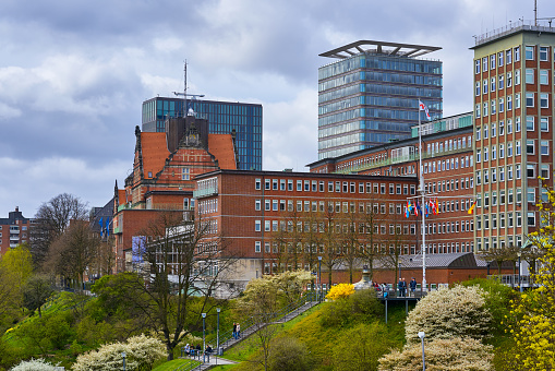 Hamburg, Germany - April 7, 2017: Buildings on the St. Pauli area in Hamburg from the Landungsbruecken Train Station